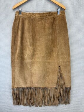 Vtg Suede Fringe Midi Skirt Size Med Tan Western Boho Festival Cowgirl Read